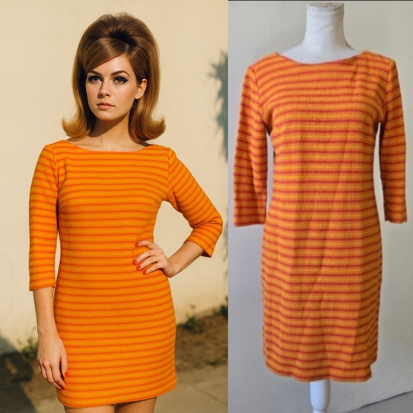 Vintage 1969s Sz M Mod Stripe Knit Mini Dress Orange Yellow Youthquake Mod Retro - Picture 1 of 11